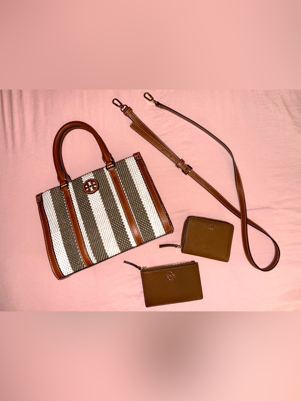 Tory Burch Woven Stripe Tote Bag + Wallet + Card Case Matching Set